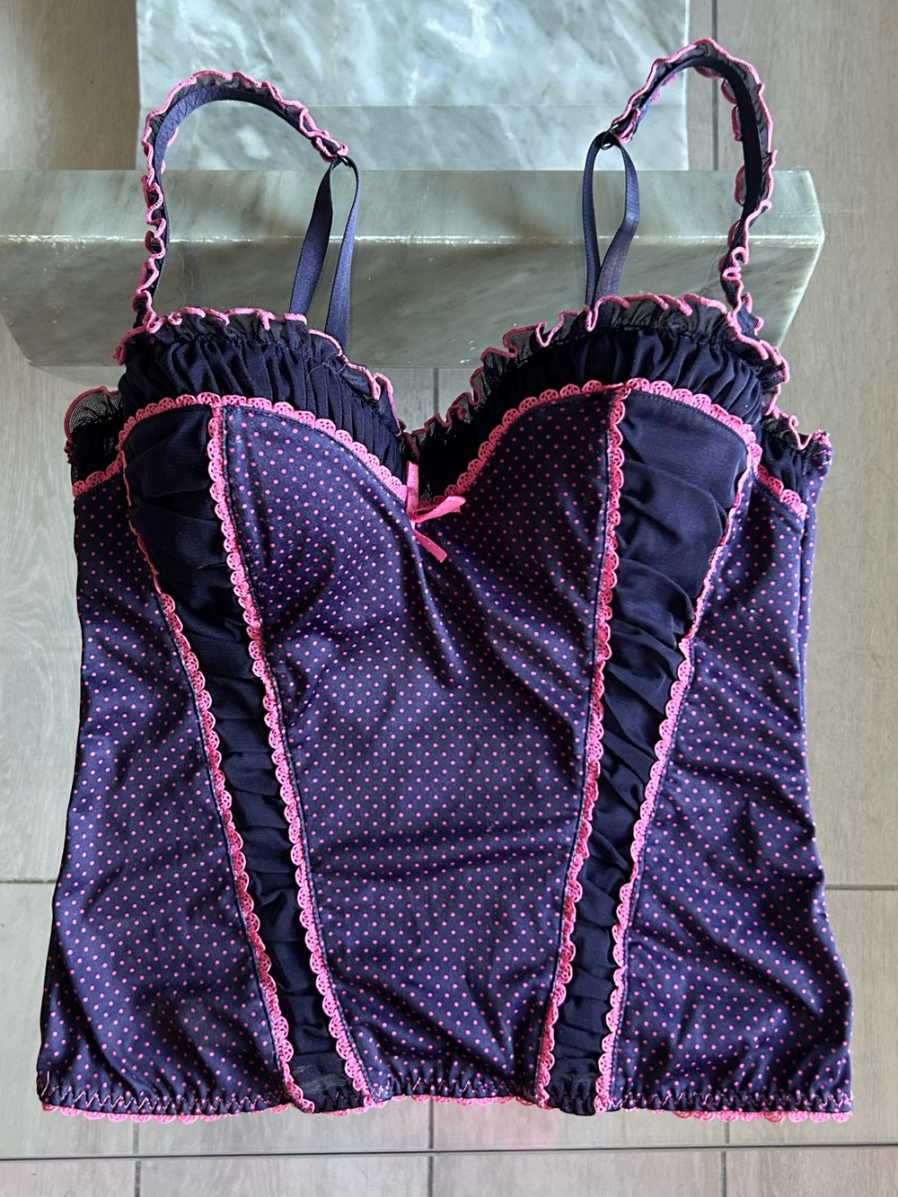 Charlotte Russe y2k Women's Navy & Pink Polka Dot Bustier Camisole size 34C